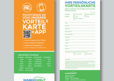 Modernisiertes WASCHWELT-Logo, neue Farben Türkisblau/Grün, Schrift Montserrat und Piktogramme für Waschprogramme und Zusatzleistungen, klare und nachhaltige Markenidentität.